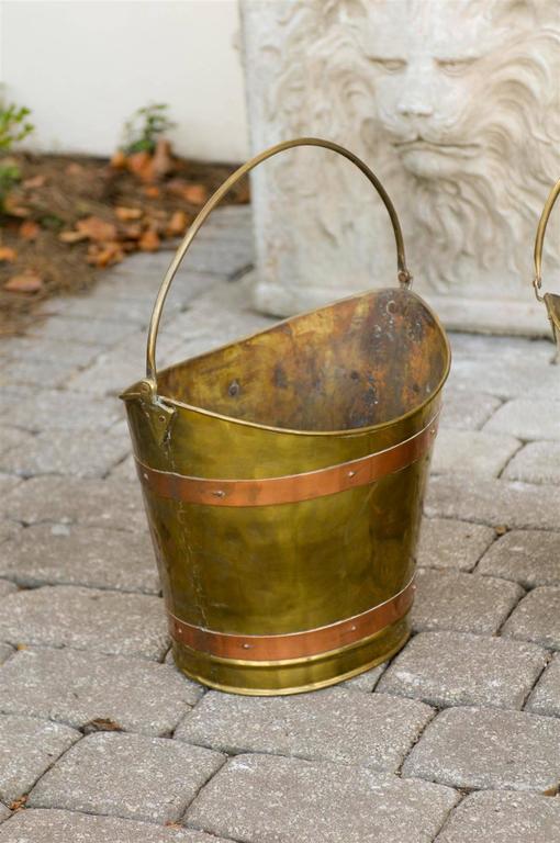 English Wide Mouth Brass Bucket with Copper Straps from the Early 20th