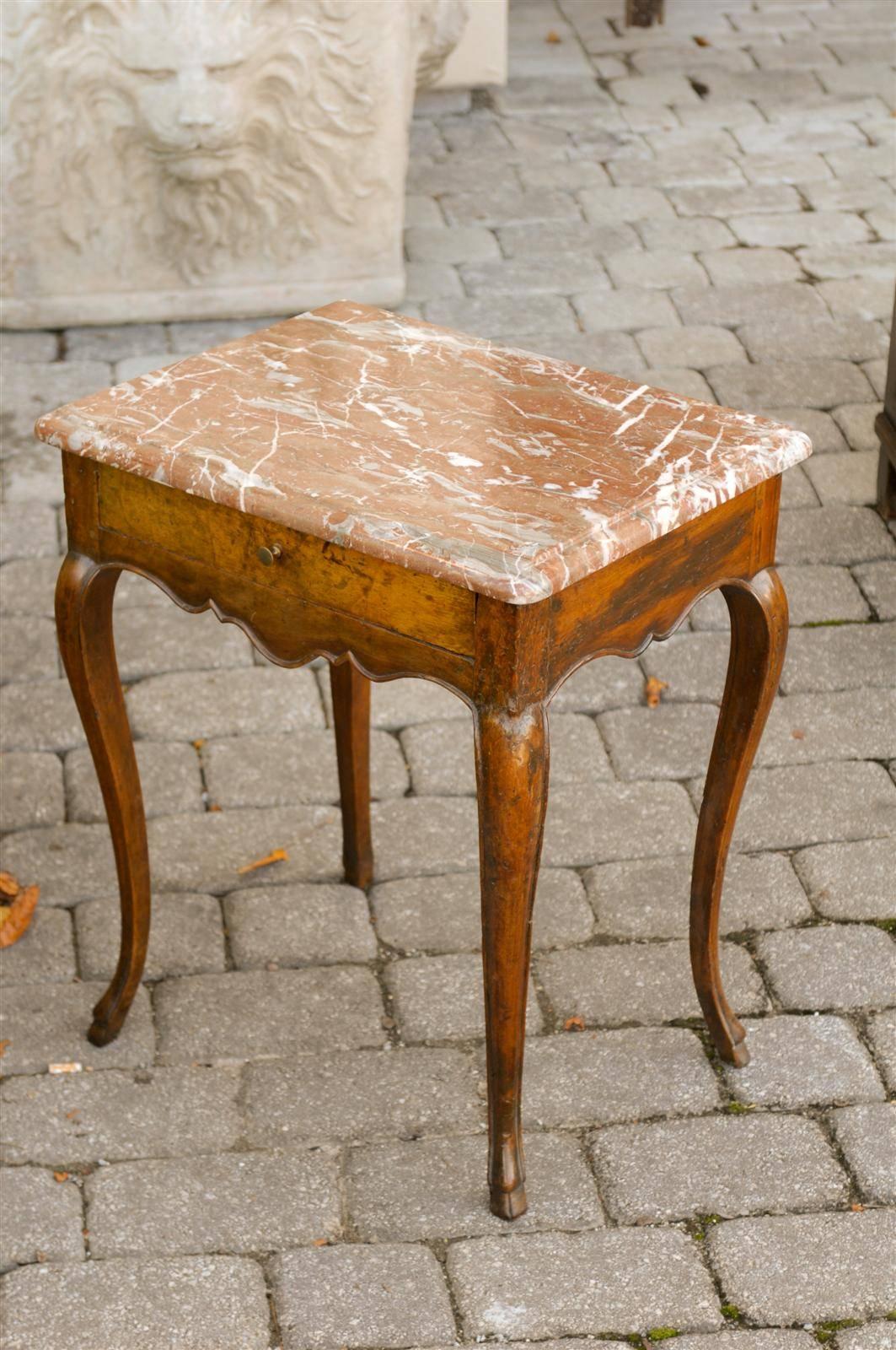 18th Century French Louis XV Style Side Table with Red Marble Top and Single Drawer