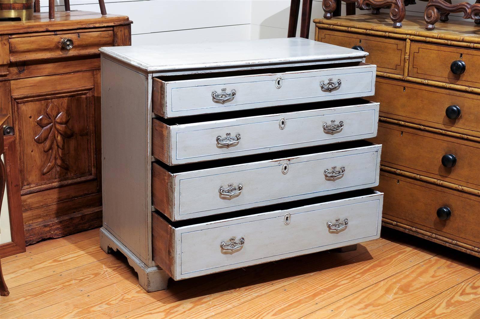 English Grey Blue Painted Wood Four-Drawer Chest from the 19th Century 5
