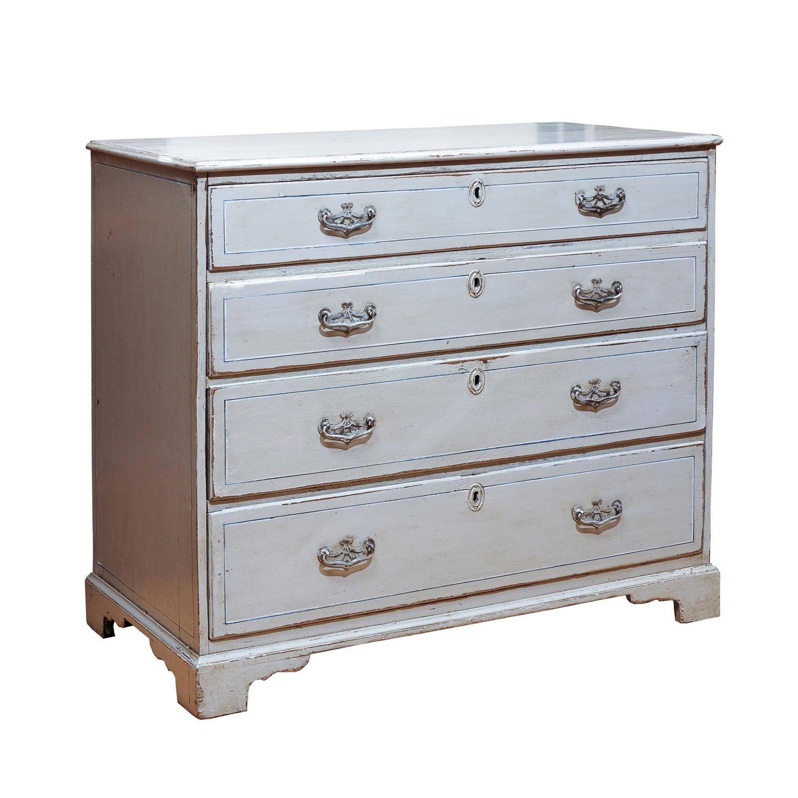 English Grey Blue Painted Wood Four-Drawer Chest from the 19th Century