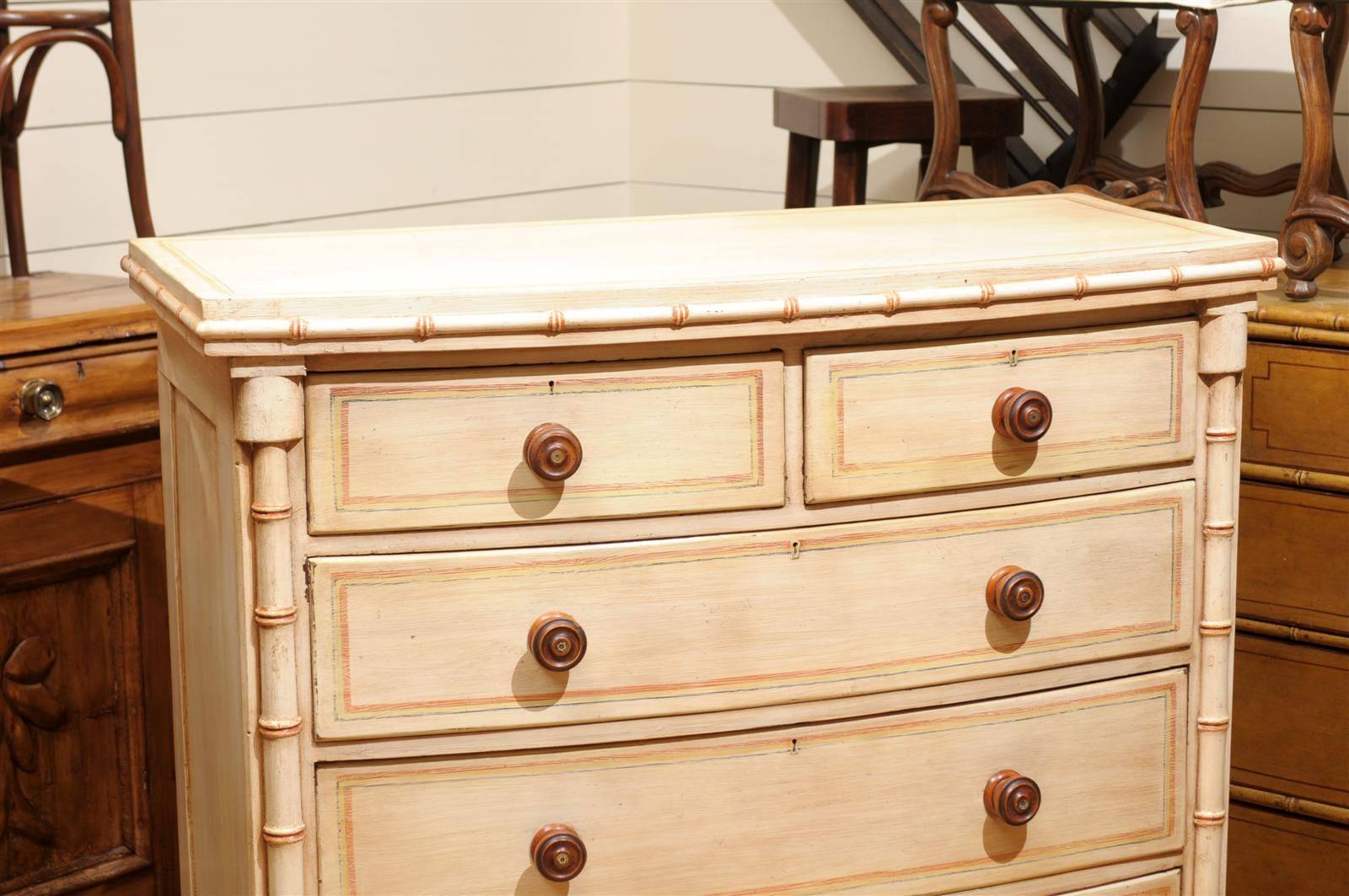 Faux Bamboo English Mid 19th Century Painted Five-Drawer Chest with Faux-Bamboo Side Posts