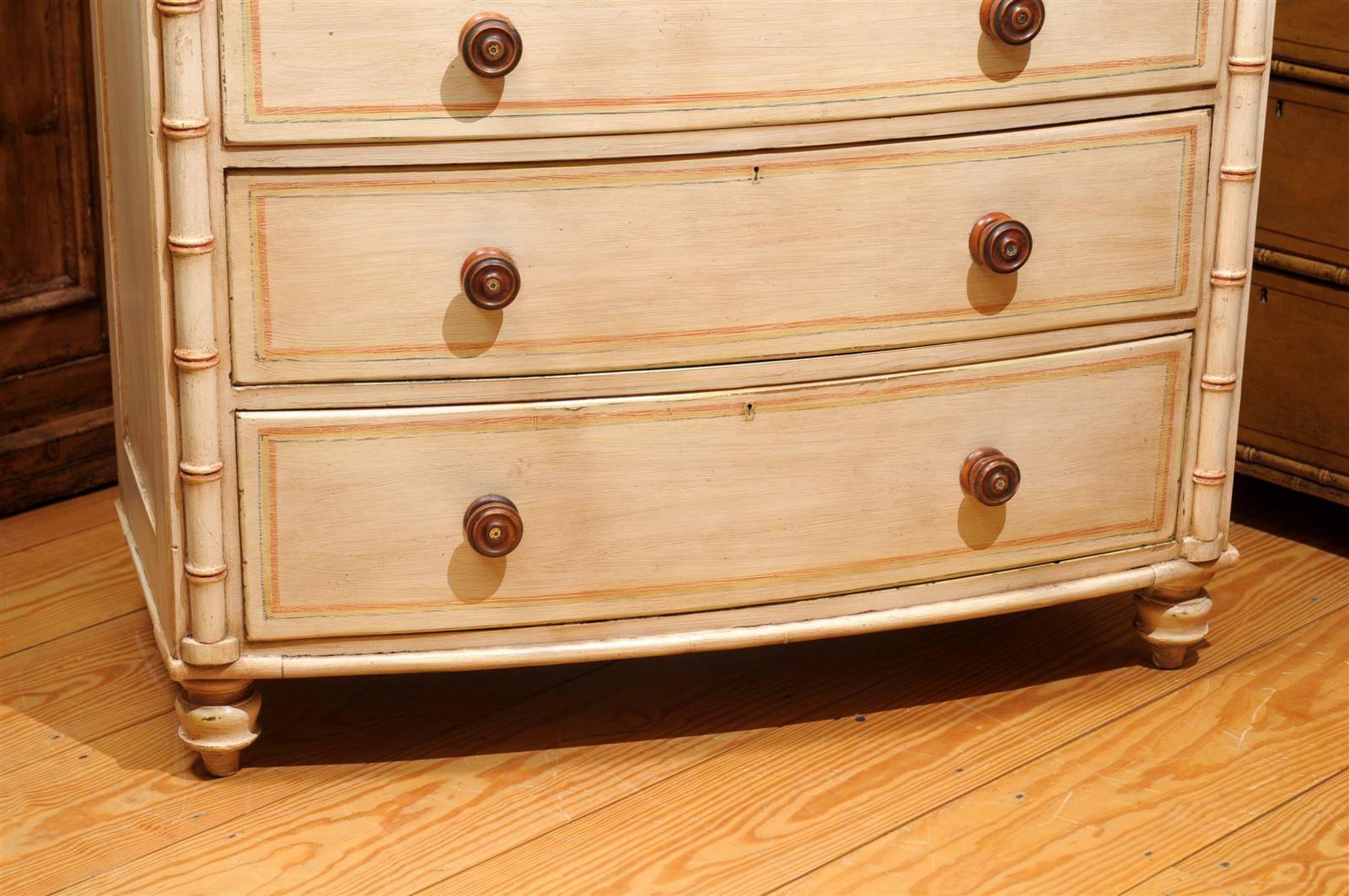 English Mid 19th Century Painted Five-Drawer Chest with Faux-Bamboo Side Posts 3