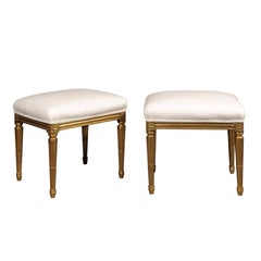 Vintage Pair of French Early 20th Century Upholstered Stools with Giltwood Legs