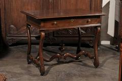 French Mid-19th Century Walnut Side Table, Single Drawer and Carved Stretcher