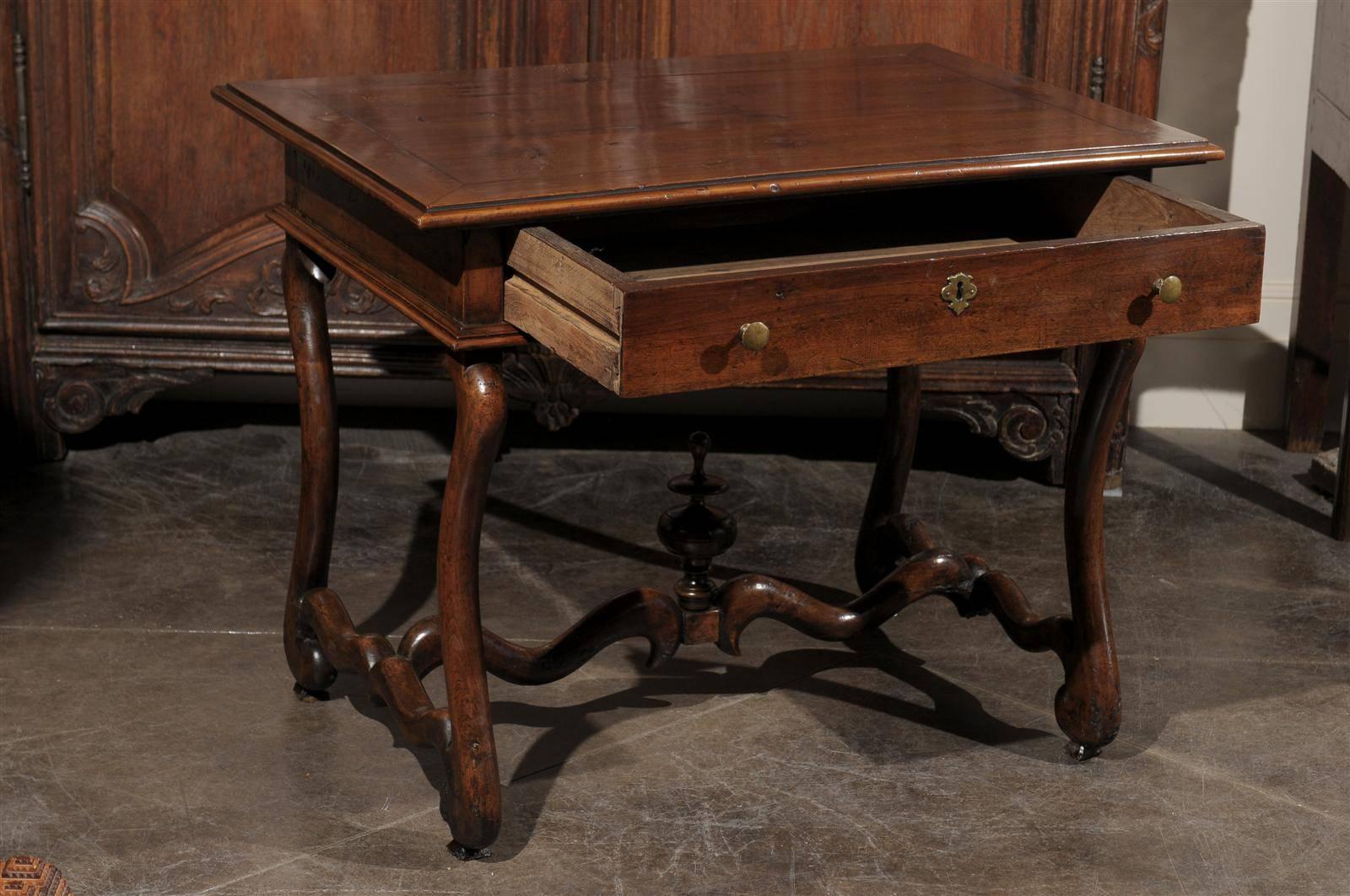 French Mid-19th Century Walnut Side Table, Single Drawer and Carved Stretcher 1