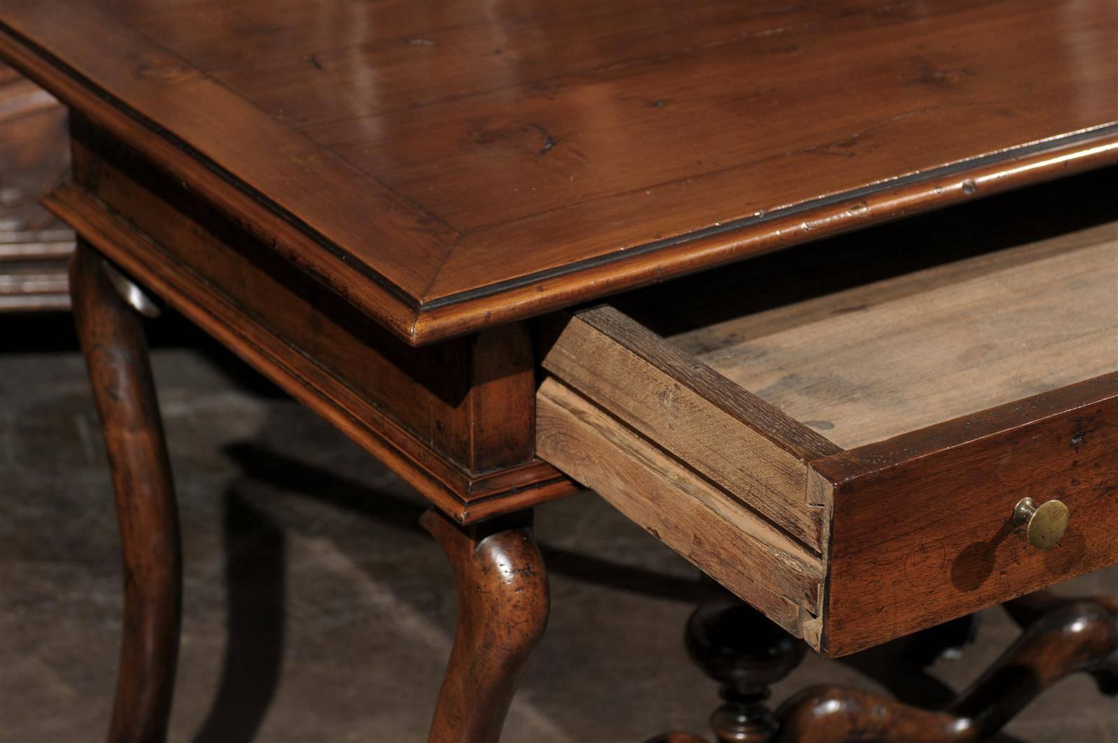 French Mid-19th Century Walnut Side Table, Single Drawer and Carved Stretcher For Sale 2