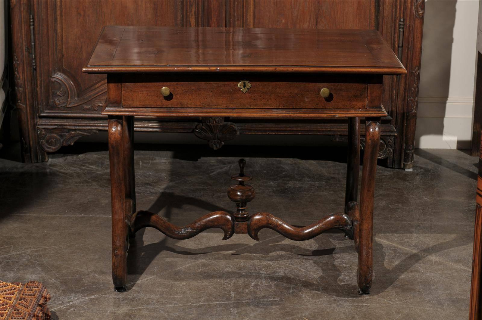 French Mid-19th Century Walnut Side Table, Single Drawer and Carved Stretcher 4