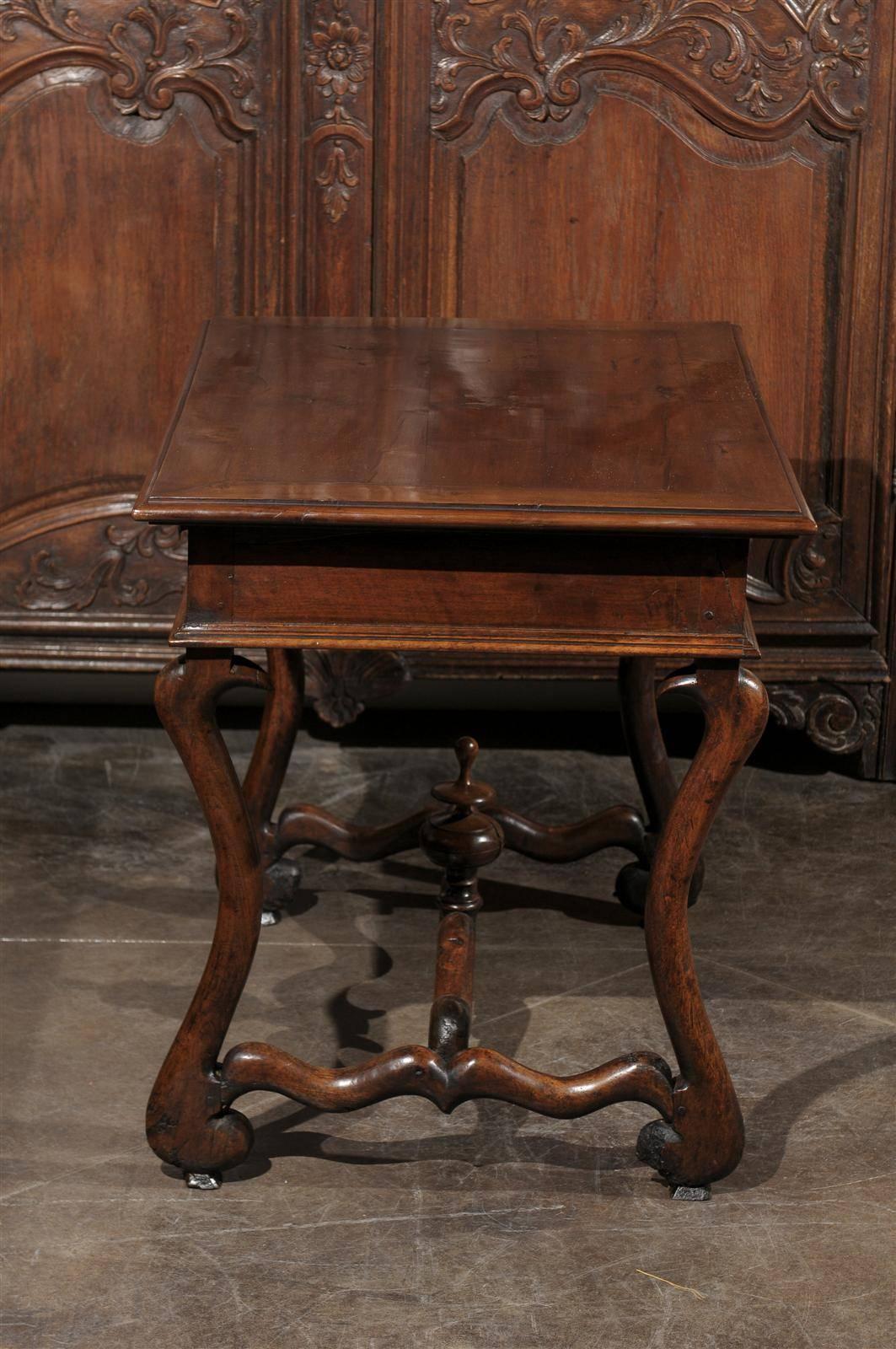 French Mid-19th Century Walnut Side Table, Single Drawer and Carved Stretcher 5