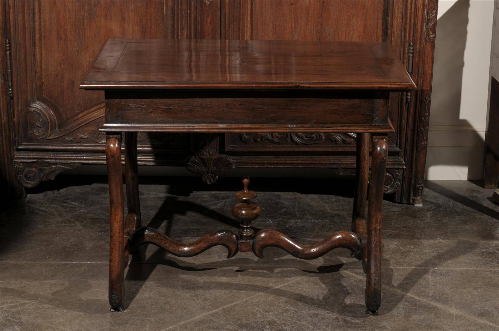 French Mid-19th Century Walnut Side Table, Single Drawer and Carved Stretcher 3