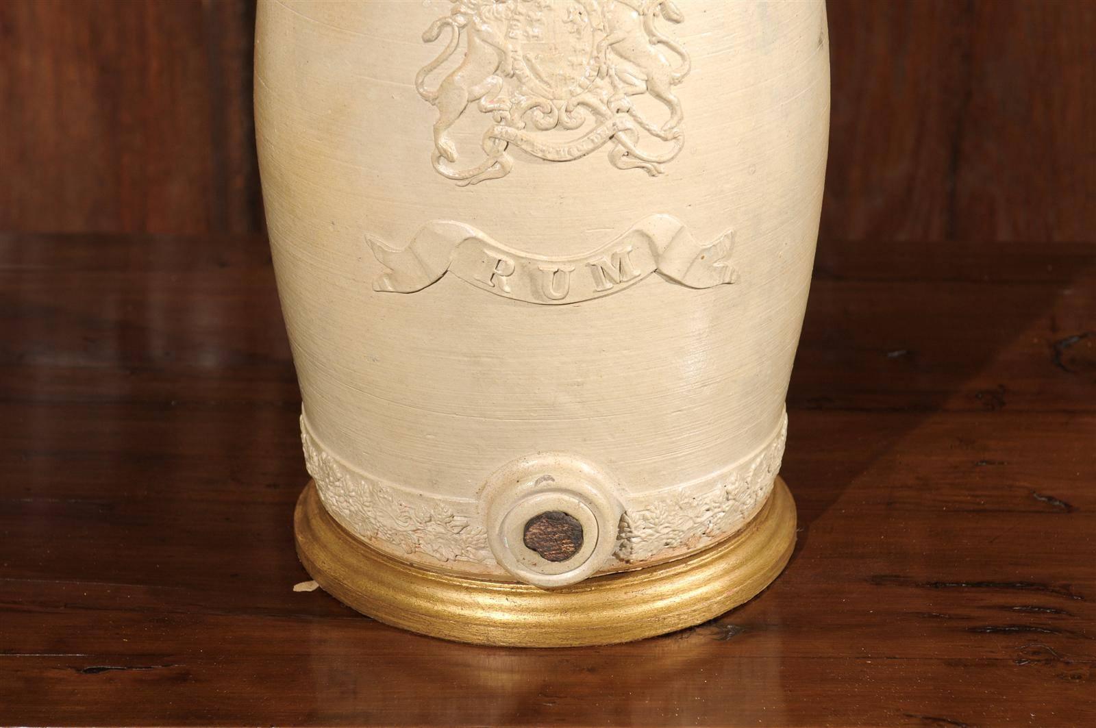 Gilt English Stoneware Spirit Barrel Table Lamp from the Mid-19th Century