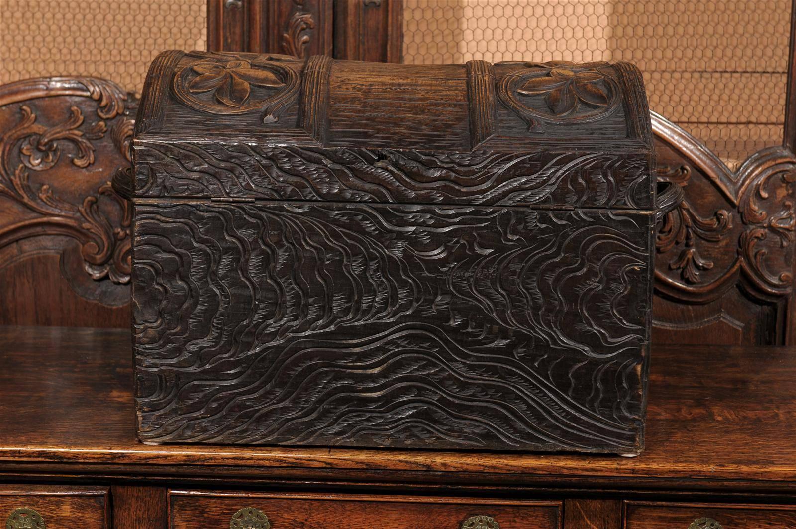 French Carved Wood Black Forest Turn of the Century Trunk with Floral Décor 2