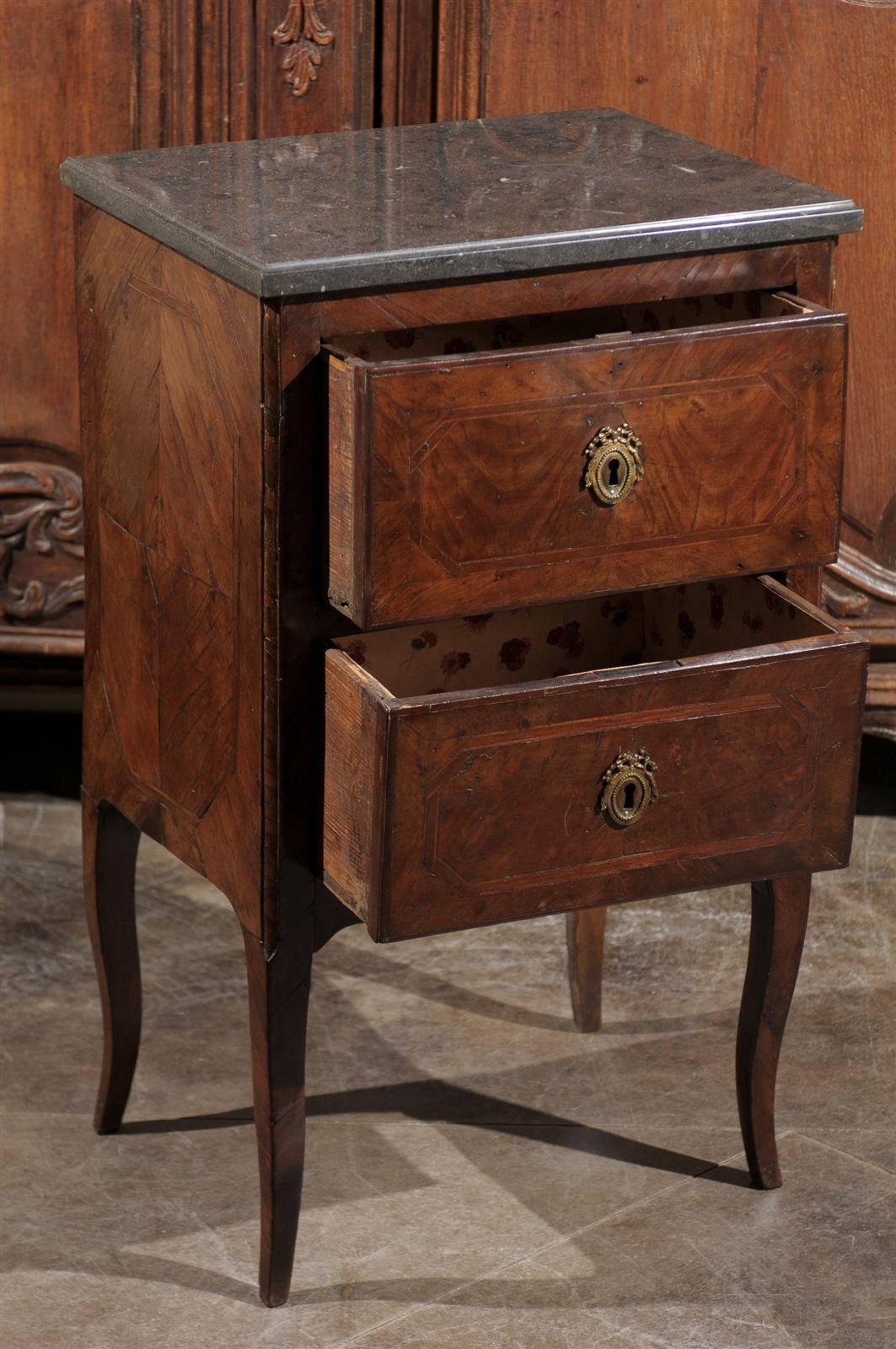 19th Century Petite Italian Two-Drawer Commode with Grey Marble Top, circa 1800 For Sale