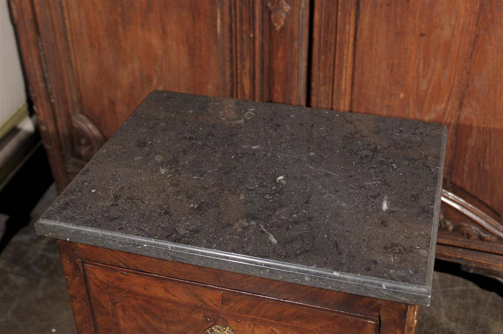Brass Petite Italian Two-Drawer Commode with Grey Marble Top, circa 1800 For Sale