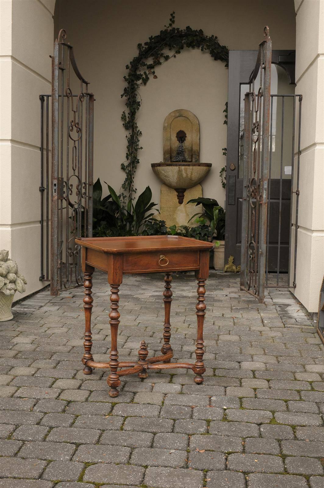 French Turn of the Century Side Table with Single Drawer and Exquisite Stretcher In Good Condition In Atlanta, GA