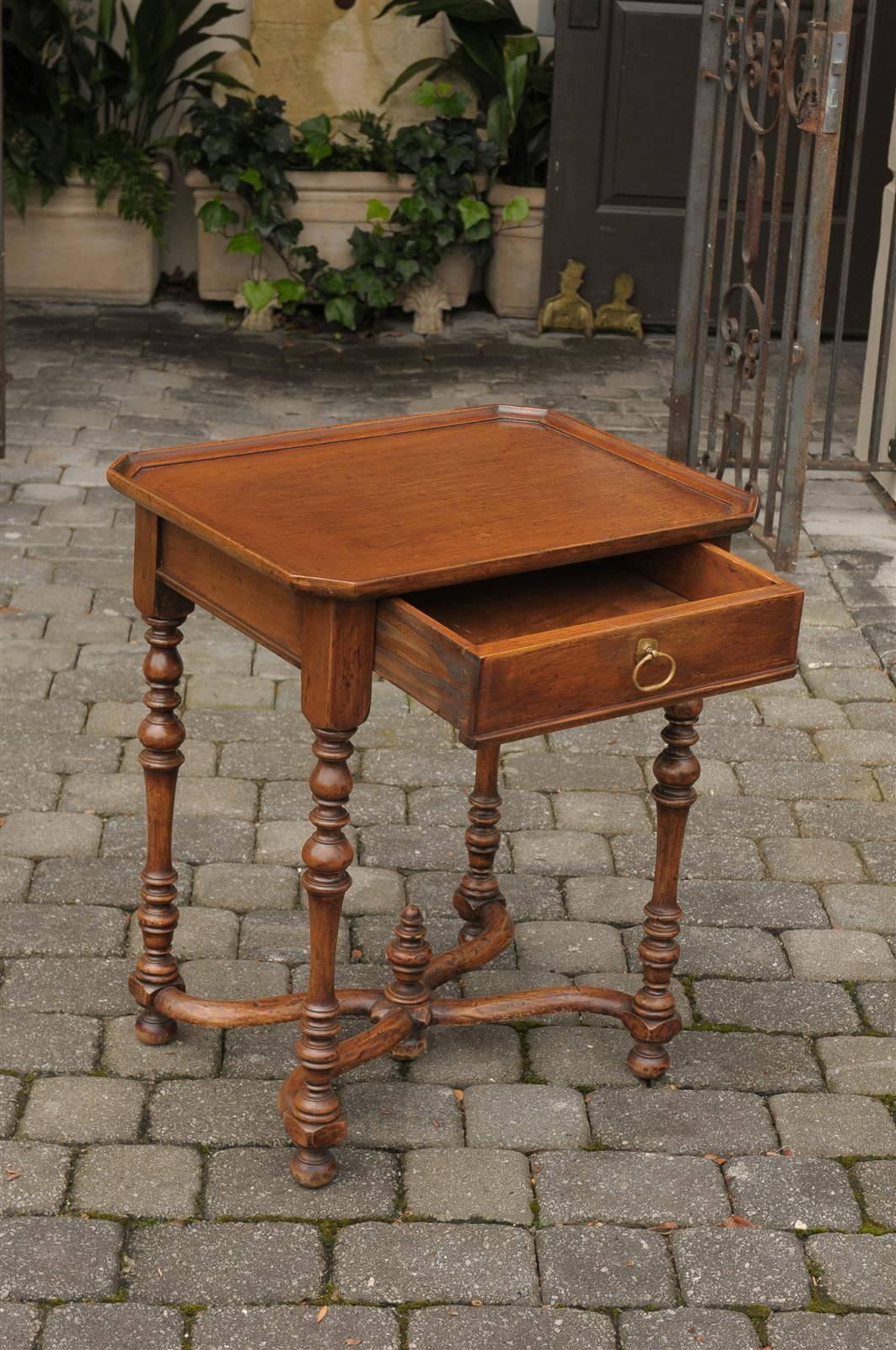 French Turn of the Century Side Table with Single Drawer and Exquisite Stretcher 4