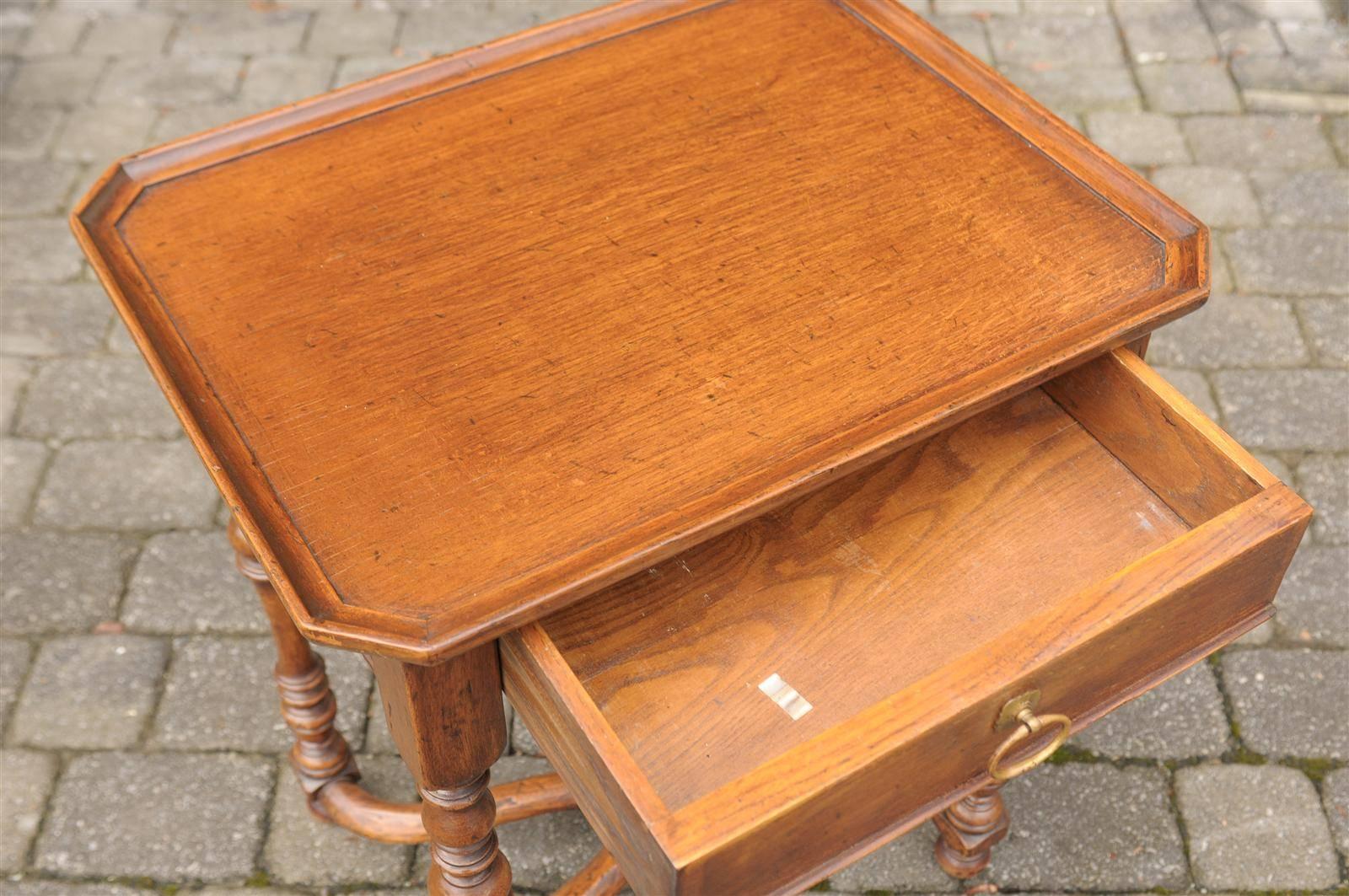 French Turn of the Century Side Table with Single Drawer and Exquisite Stretcher 1