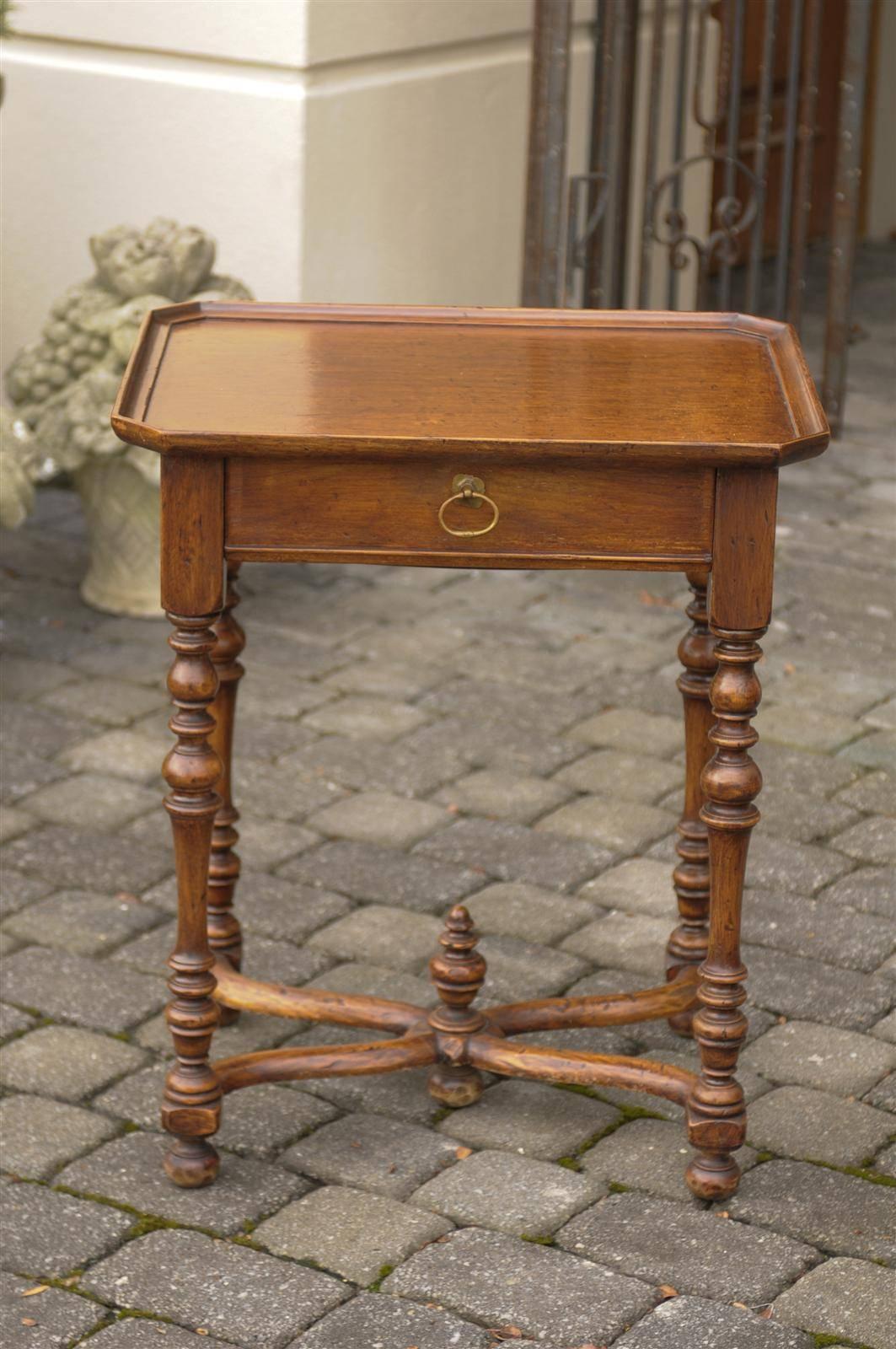 French Turn of the Century Side Table with Single Drawer and Exquisite Stretcher 2