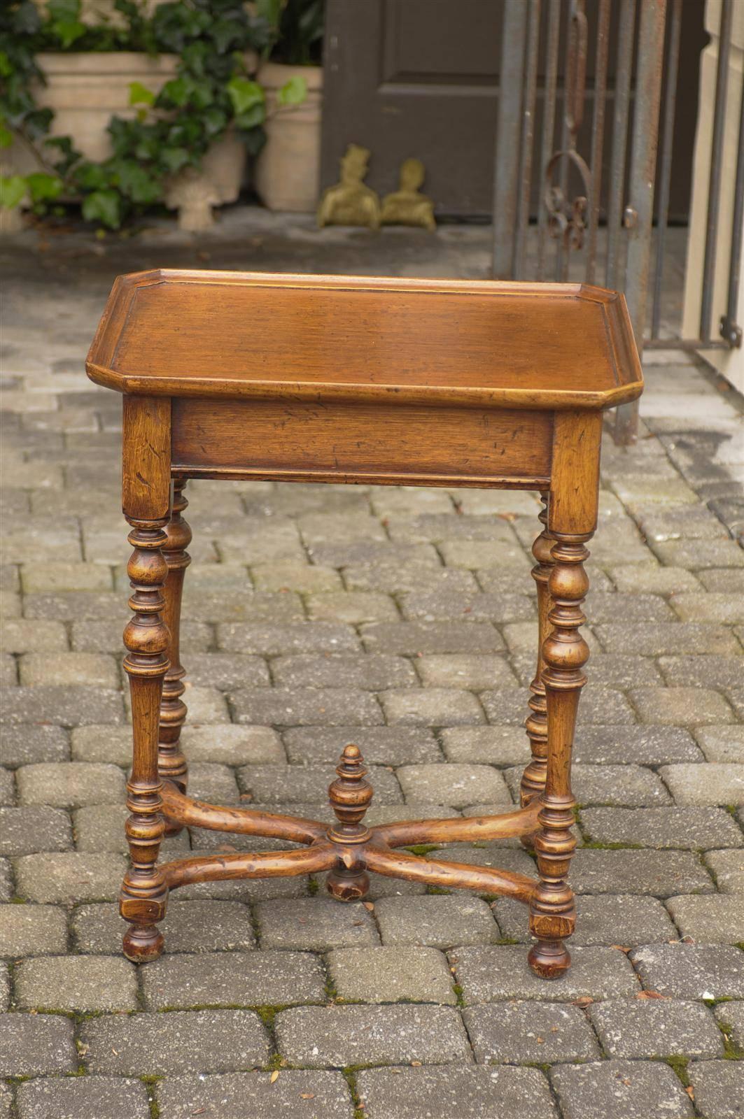 French Turn of the Century Side Table with Single Drawer and Exquisite Stretcher 3