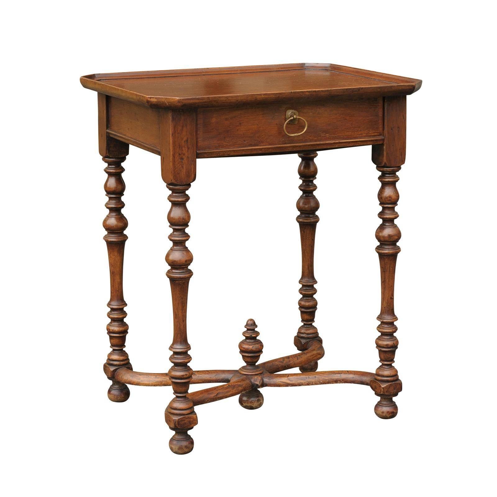 French Turn of the Century Side Table with Single Drawer and Exquisite Stretcher