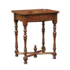 French Turn of the Century Side Table with Single Drawer and Exquisite Stretcher 4