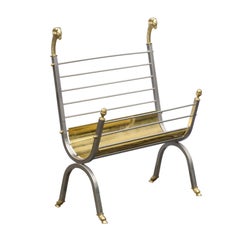 Italian Vintage Maison Jansen Style Steel and Brass Magazine Rack with Rams Head