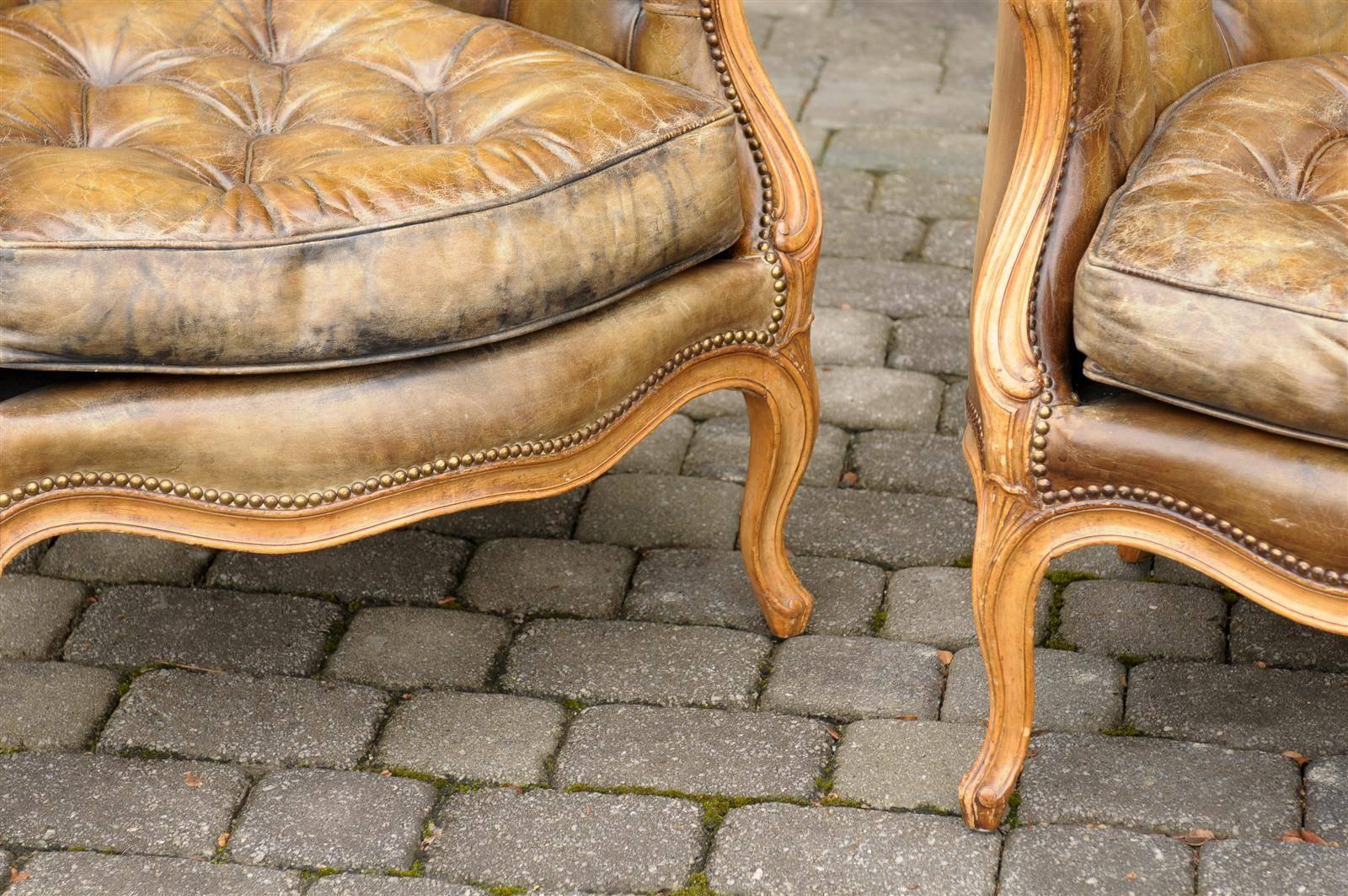 Pair of 1940s French Louis XV Style Tufted Leather Barrel Back Bergeres Chairs 2