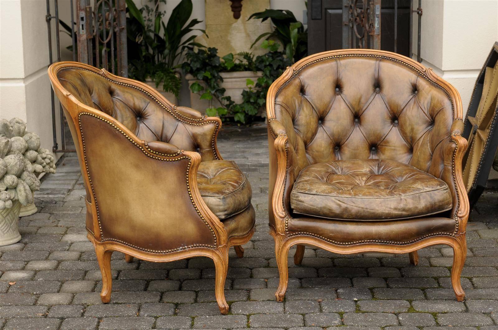 Pair of 1940s French Louis XV Style Tufted Leather Barrel Back Bergeres Chairs 3