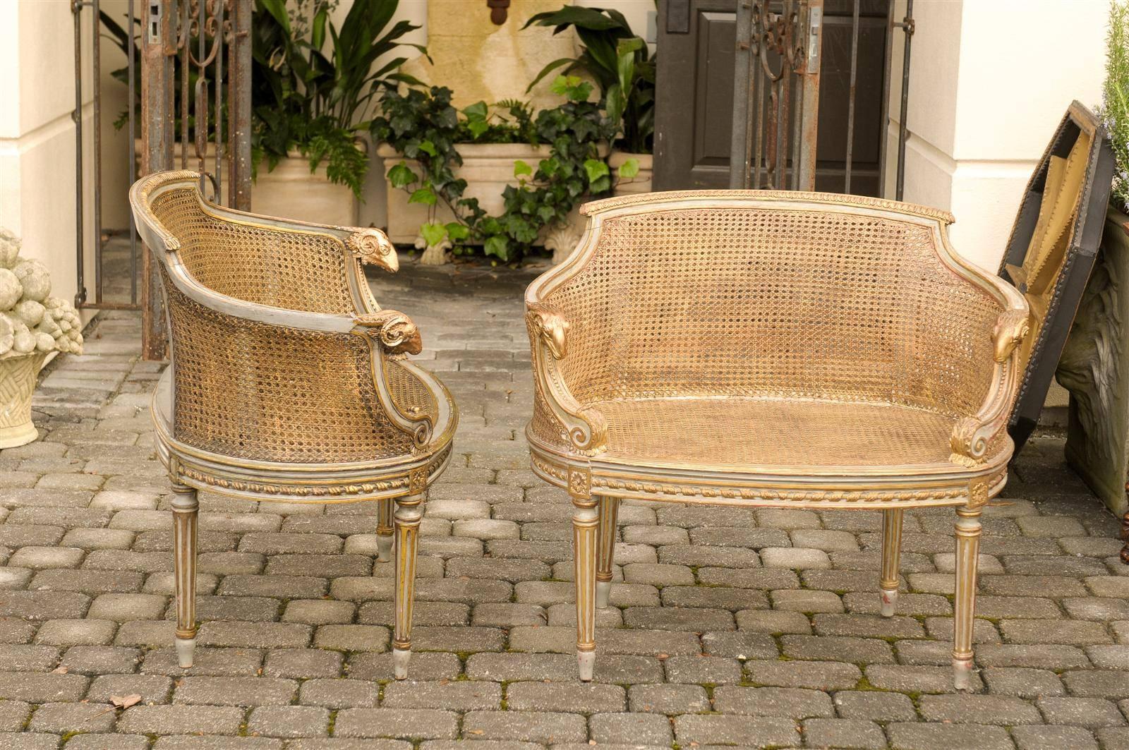 Pair of French Barrel-Back Painted Cane Louis XVI style Chairs 5
