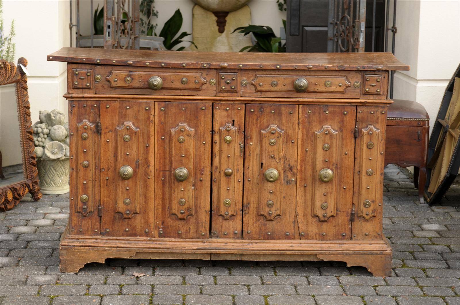 Brass 17th Century Northern Italian Walnut Two-Door Credenza from Bologna with Drawer