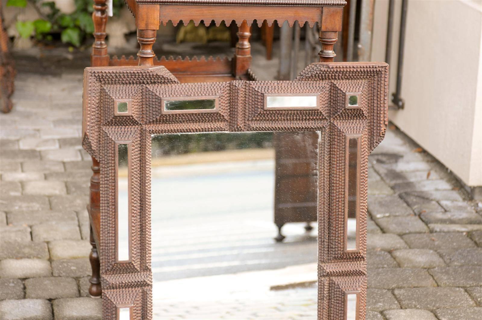 French Tramp Art Mirror from the Turn of the century with Mirrored Side Panels 1