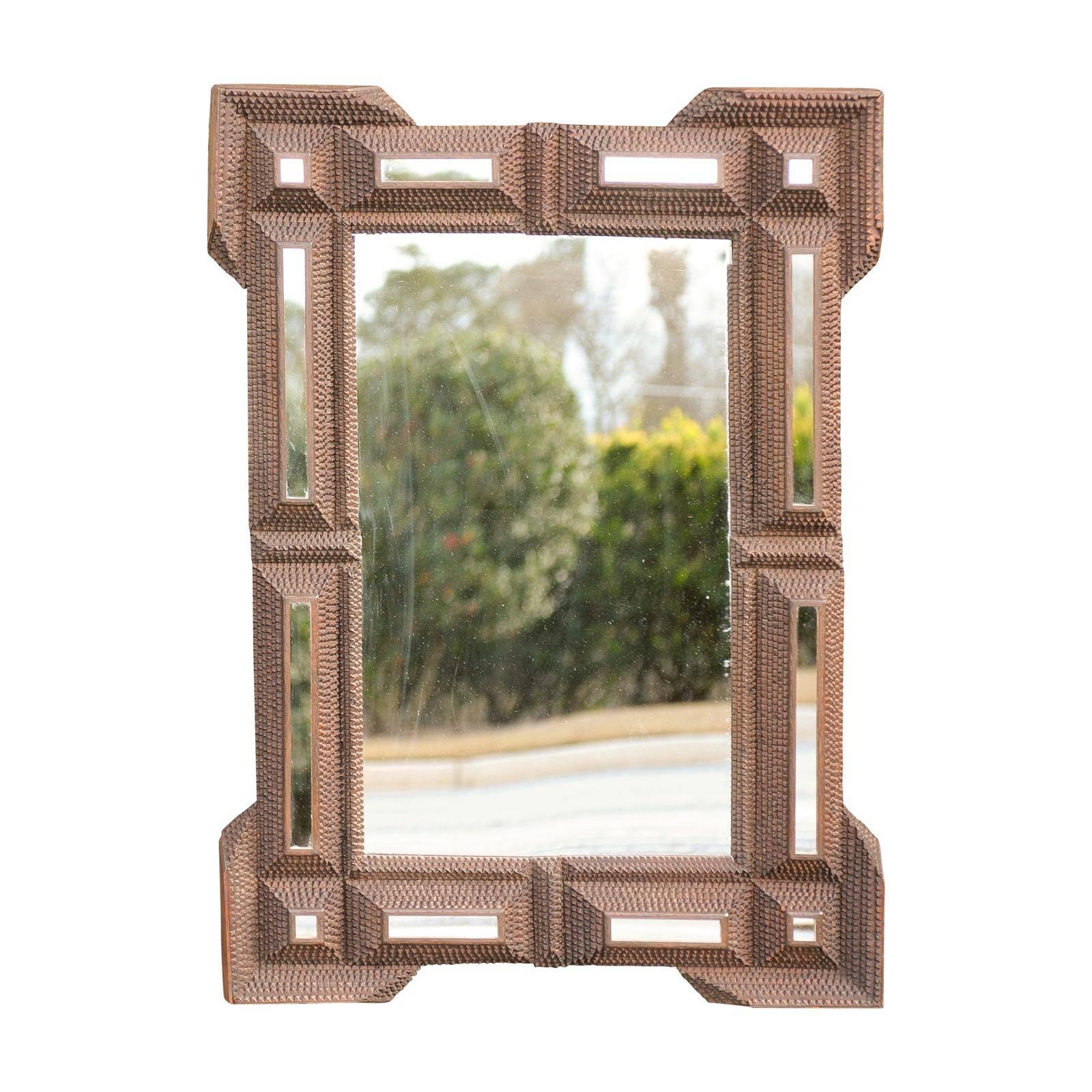 French Tramp Art Mirror from the Turn of the century with Mirrored Side Panels