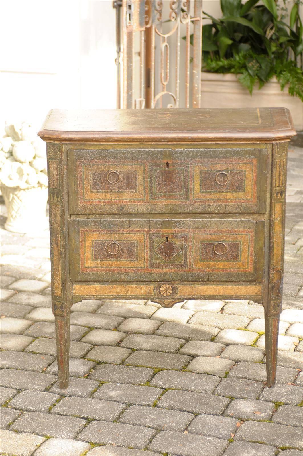 Wood Italian Two-Drawer Commode with Rich Distressed Paint from the Early 1800s