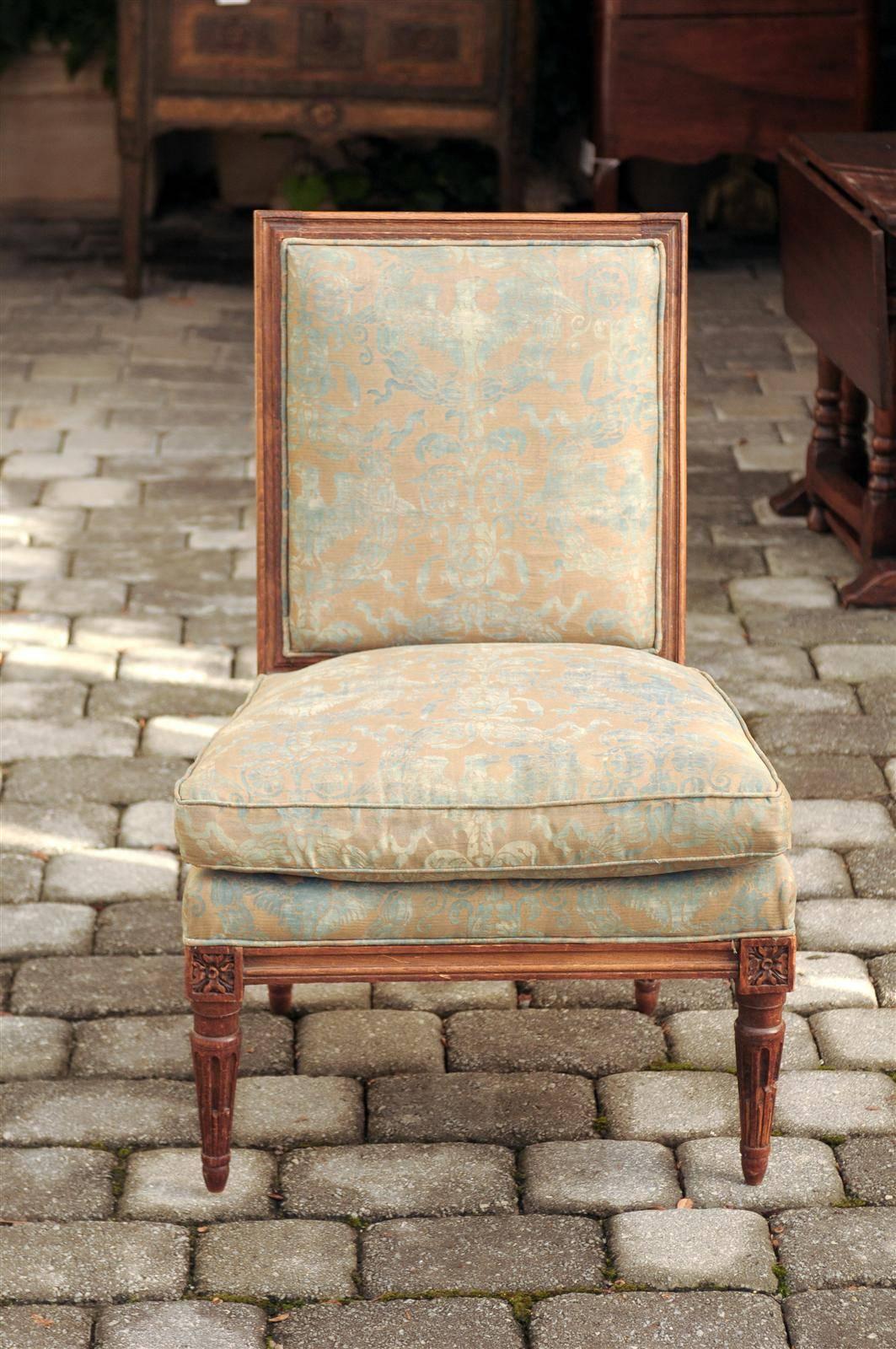 French Turn of the Century Louis XVI Style Slipper Chair with Fortuny Fabric 1