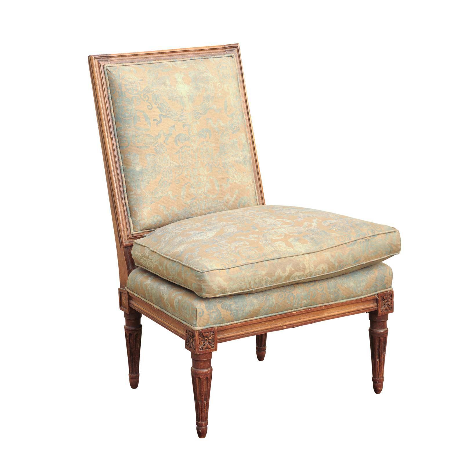 French Turn of the Century Louis XVI Style Slipper Chair with Fortuny Fabric