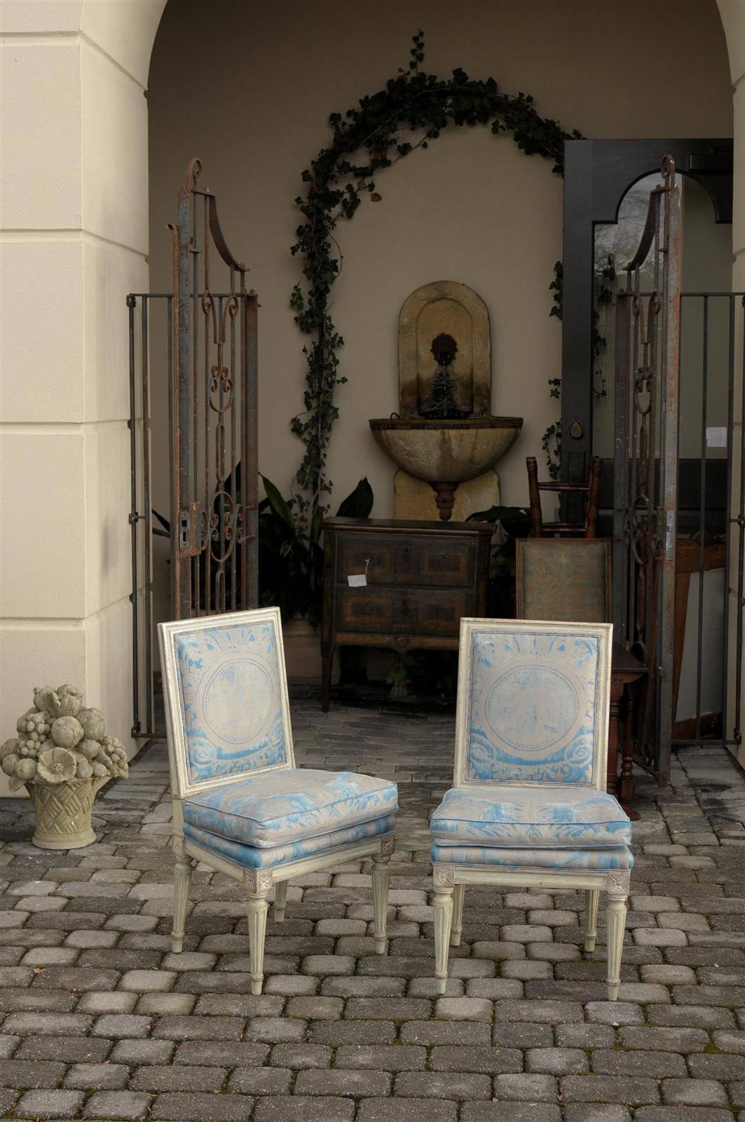 Painted Pair of French Louis XVI Style Slipper Chairs with Fortuny Fabric, circa 1920