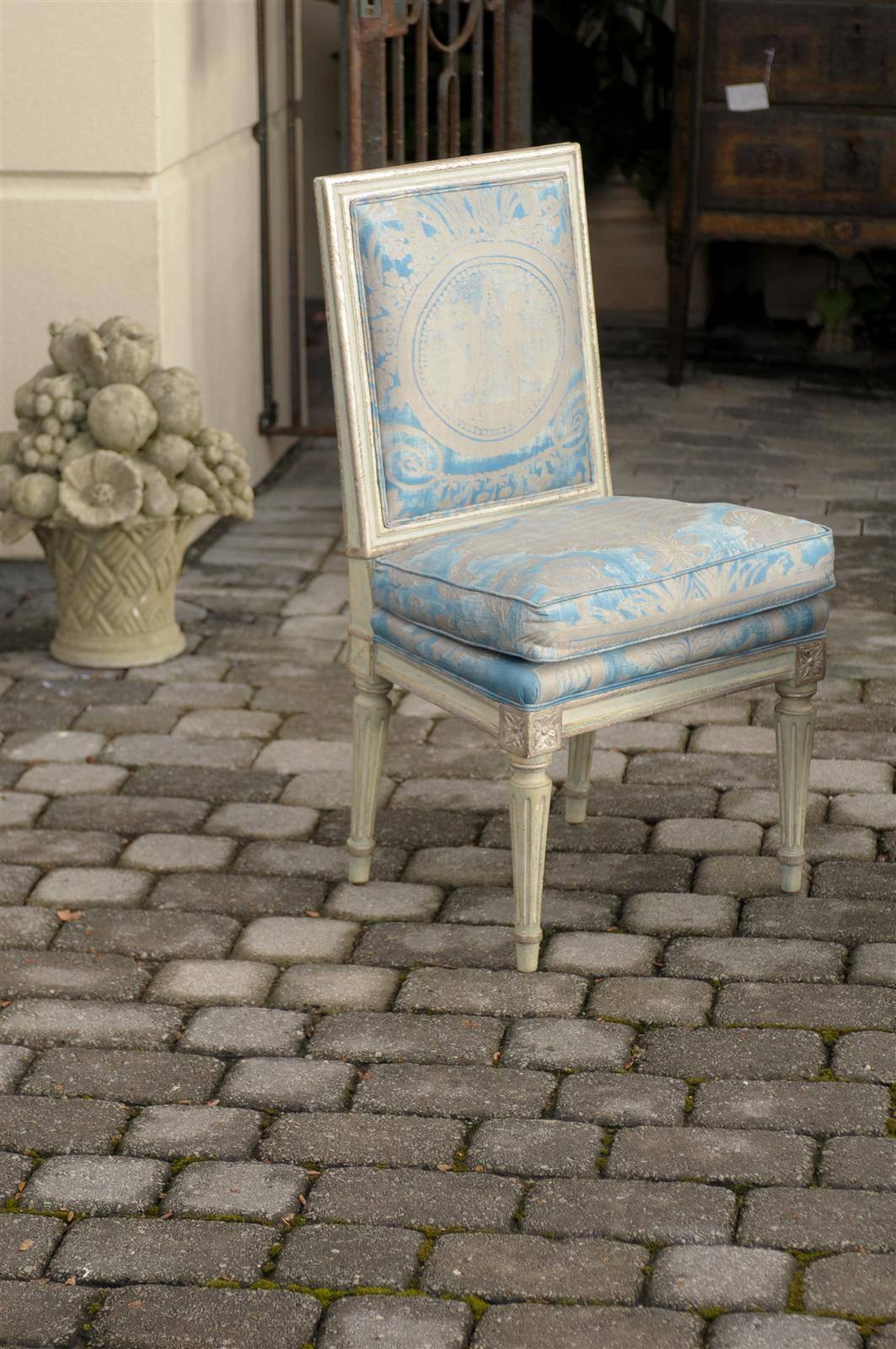 Pair of French Louis XVI Style Slipper Chairs with Fortuny Fabric, circa 1920 In Excellent Condition In Atlanta, GA