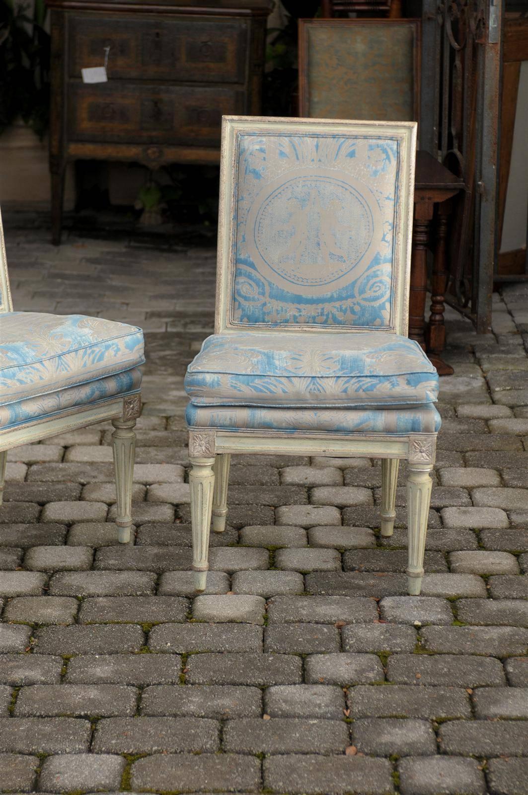 Pair of French Louis XVI Style Slipper Chairs with Fortuny Fabric, circa 1920 4