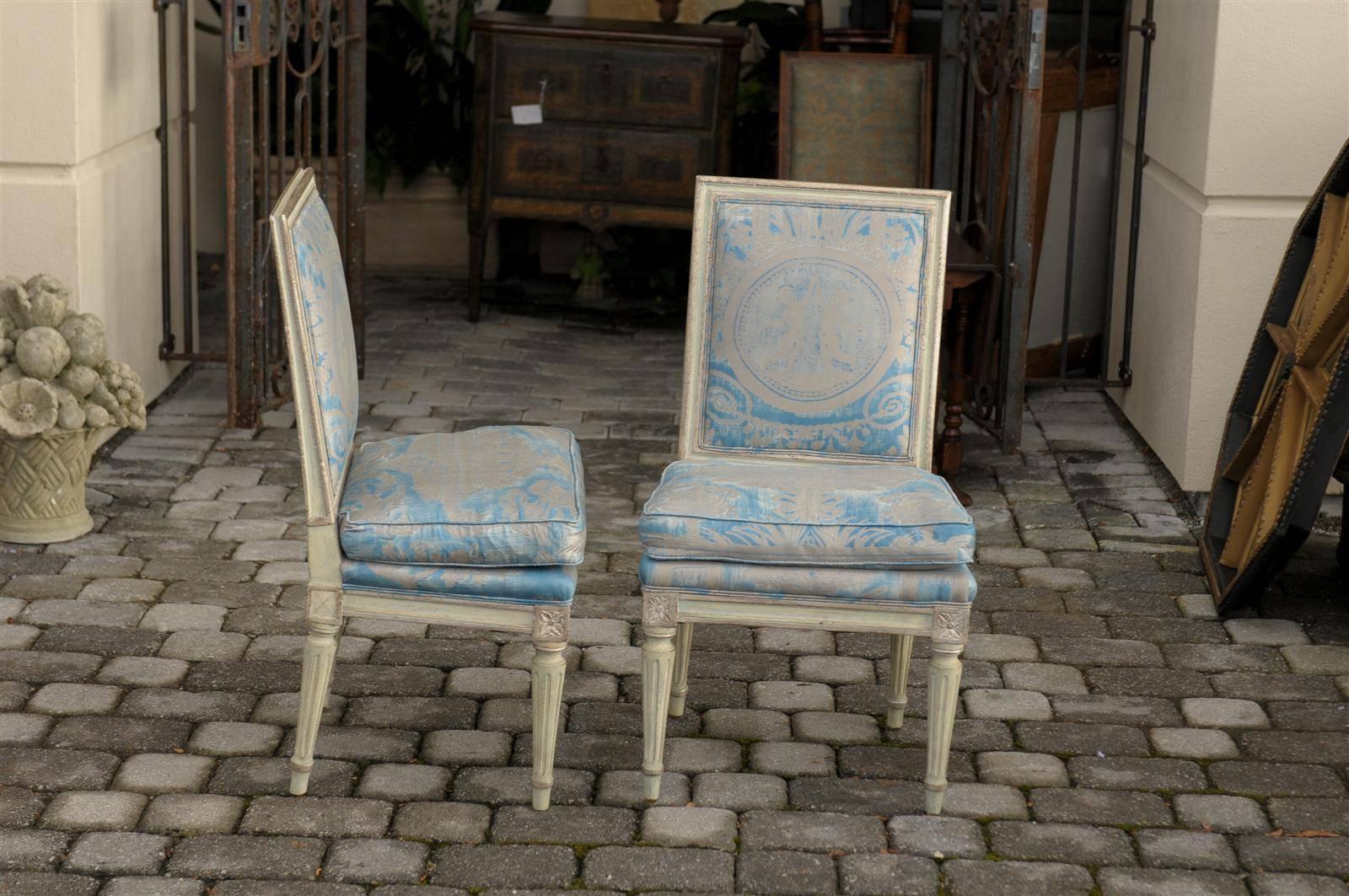Upholstery Pair of French Louis XVI Style Slipper Chairs with Fortuny Fabric, circa 1920