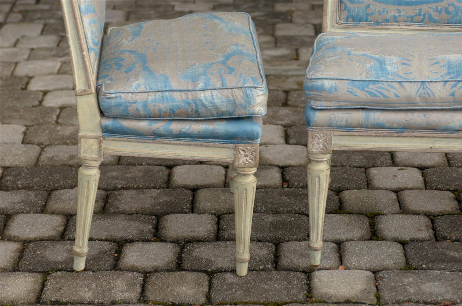 Pair of French Louis XVI Style Slipper Chairs with Fortuny Fabric, circa 1920 3