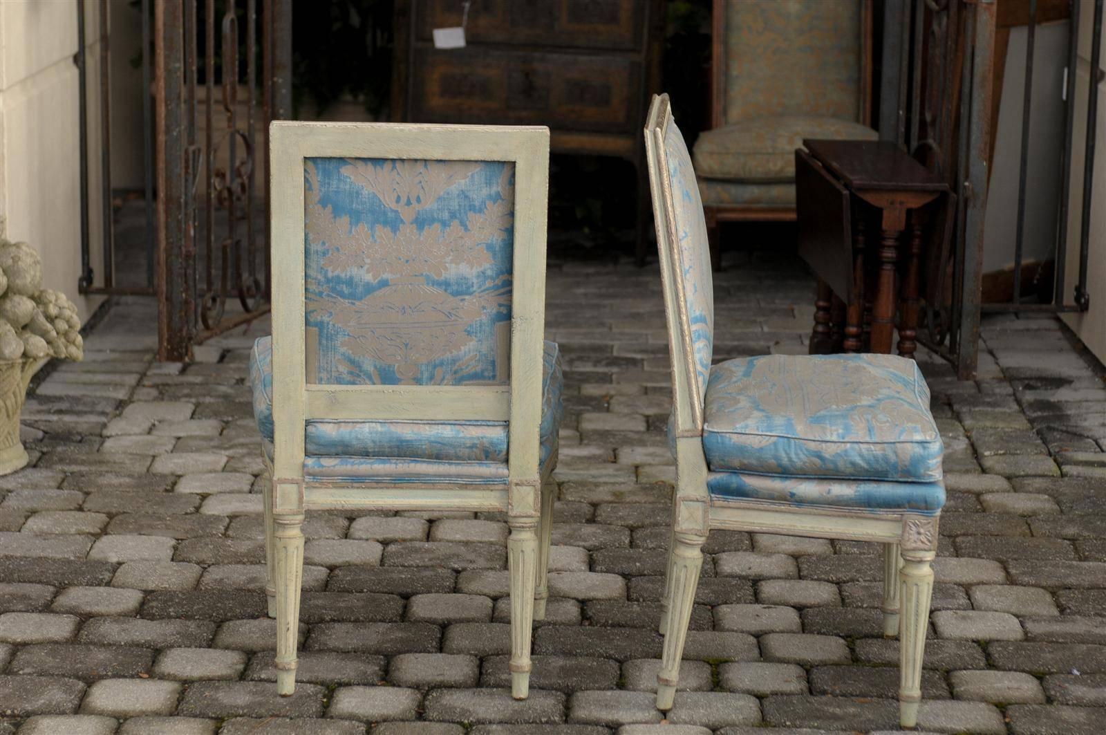 Pair of French Louis XVI Style Slipper Chairs with Fortuny Fabric, circa 1920 2