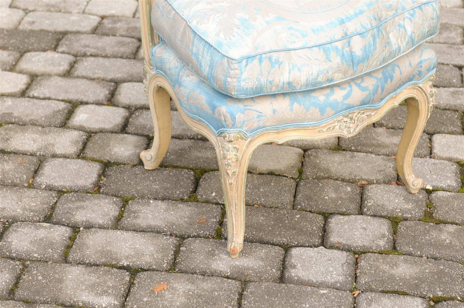 French Louis XV Style Early 20th Century Painted Slipper Chair in Fortuny Fabric 4