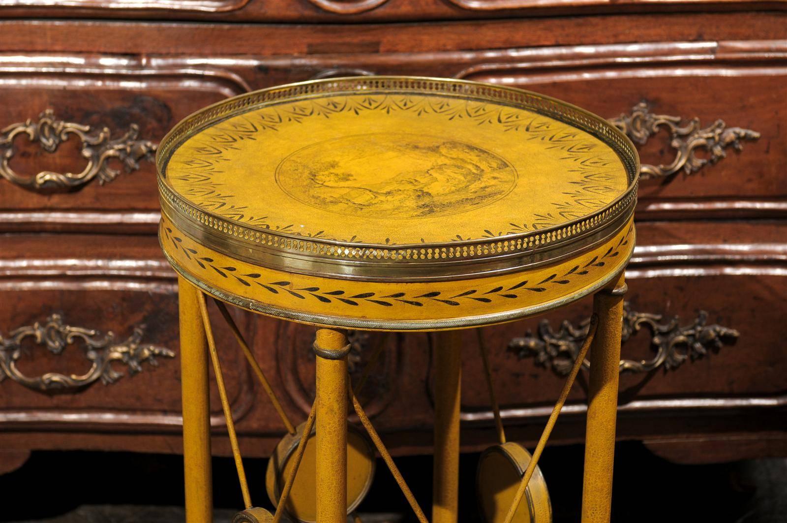 19th Century French 1880s Painted Tole Guéridon Table with Brass Accents and Side Stretchers