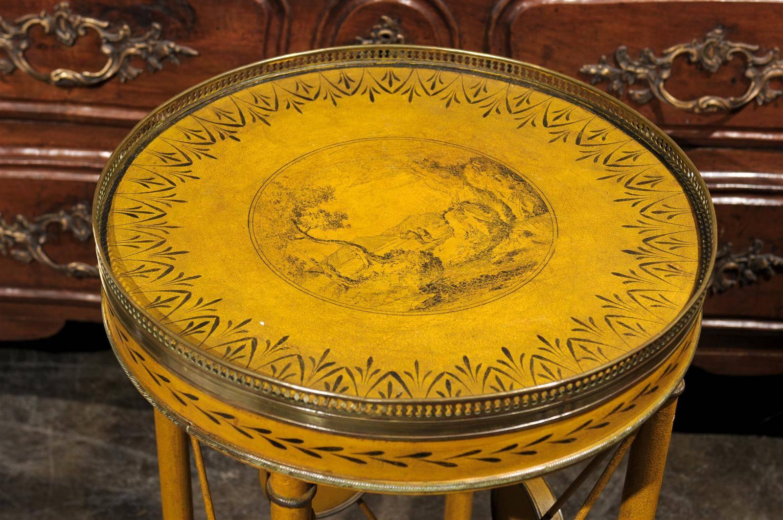 French 1880s Painted Tole Guéridon Table with Brass Accents and Side Stretchers 3