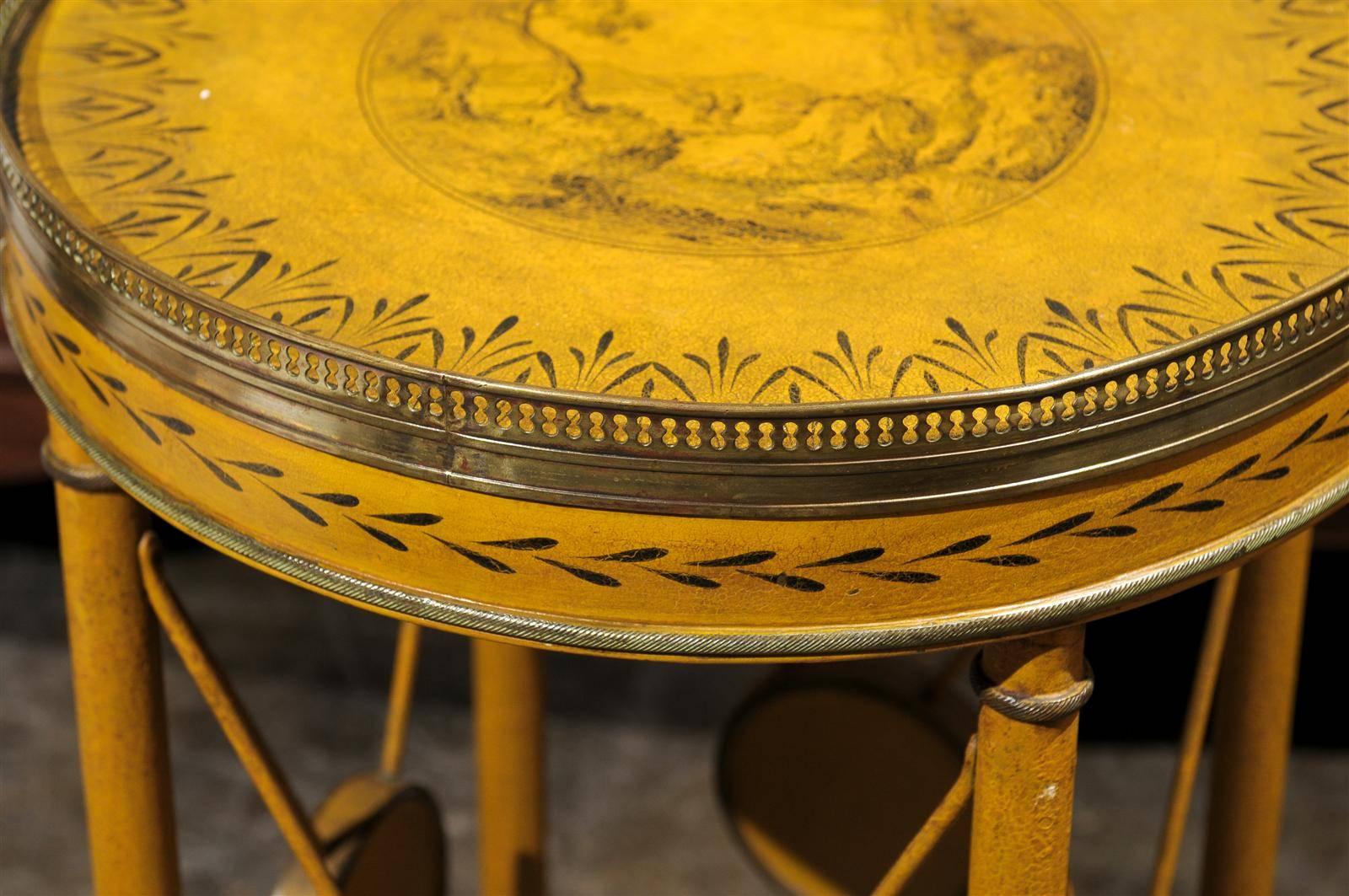 French 1880s Painted Tole Guéridon Table with Brass Accents and Side Stretchers 1