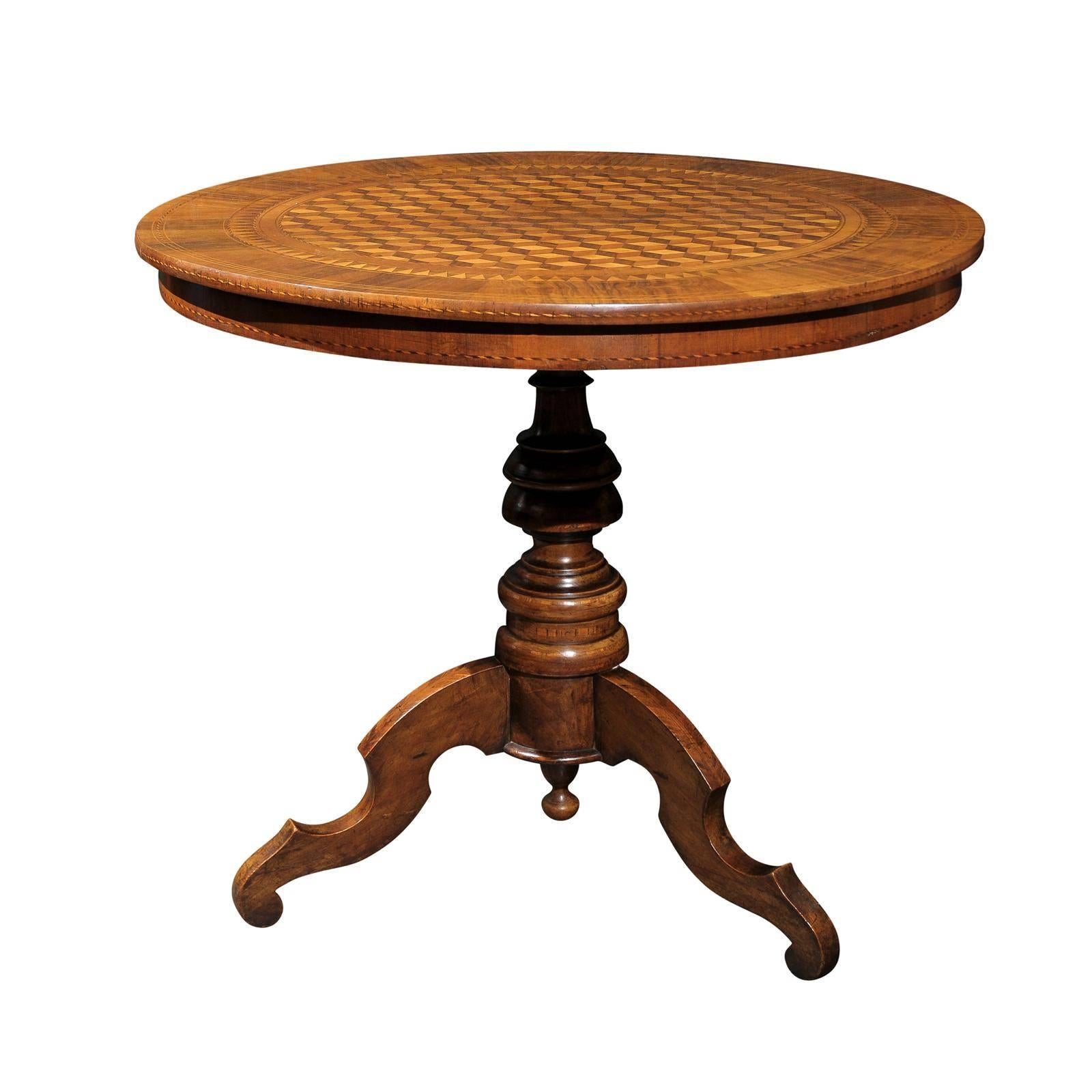 Italian Late 19th Century Round Pedestal Side Table with Cube Parquetry