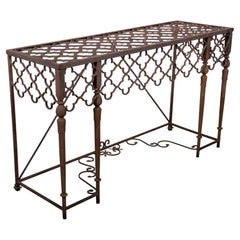 American Mid-Century Wrought Iron Console Table with Quatrefoil Lattice