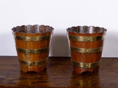 Pair of 19th Century English Oak Buckets with Brass Bands and Scalloped Rims