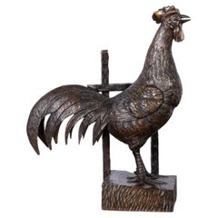 French 19th Century Hand-Carved Wood Rooster Sculpture with Dark Patina