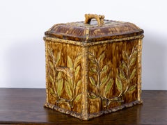 English Victorian Majolica Lidded Box with Faux Bamboo and Leaf Motifs