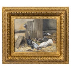 Belgian 1882 Marie Van Den Eycken Oil on Board Painting of Pigeons in a Stall